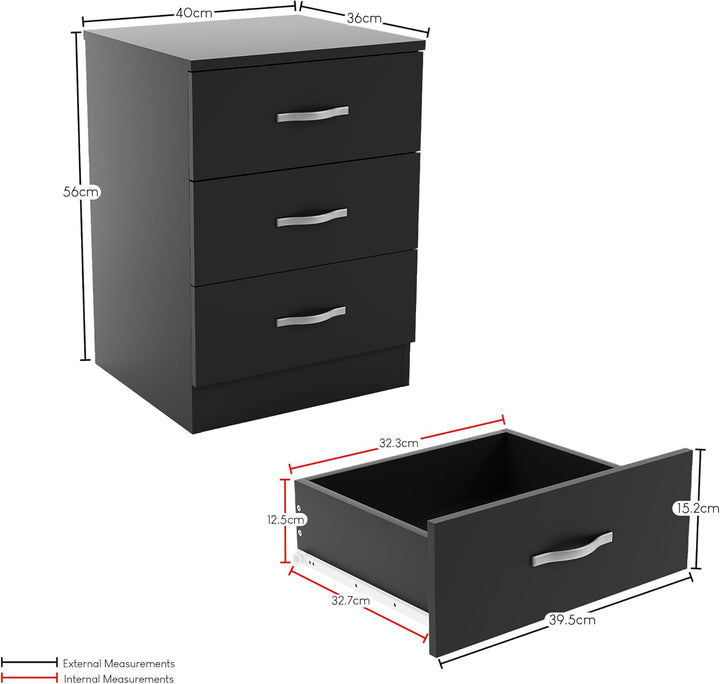 Vida Designs Riano Nachttisch mit 3 Schubladen, Schwarz, Ablagetisch, Schwarz