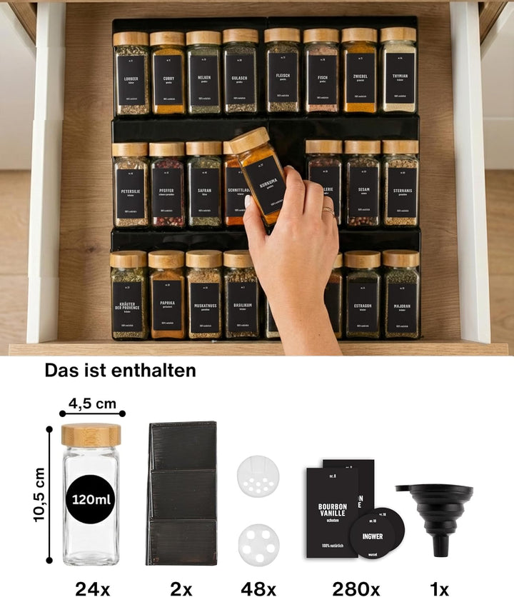 Deco haus® Gewürzregal Schublade [MIT 24 GEWÜRZGLÄSER & ETIKETTEN] - Gewürz Organizer Schublade - Ge
