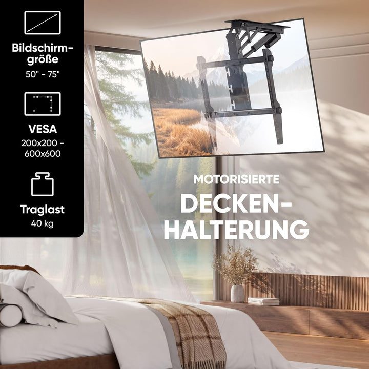 ONKRON TV Deckenhalterung elektrisch für 50-75 Zoll Fernseher bis 40 kg, TV Halterung Decke mit Fern