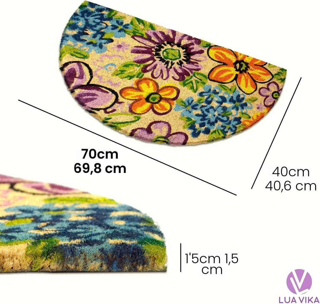 Fussmatte Kokos halbrund - Blumen - 40x70 cm - Fussmatte Aussen und Innen - Fussmatten Haustür - Tür