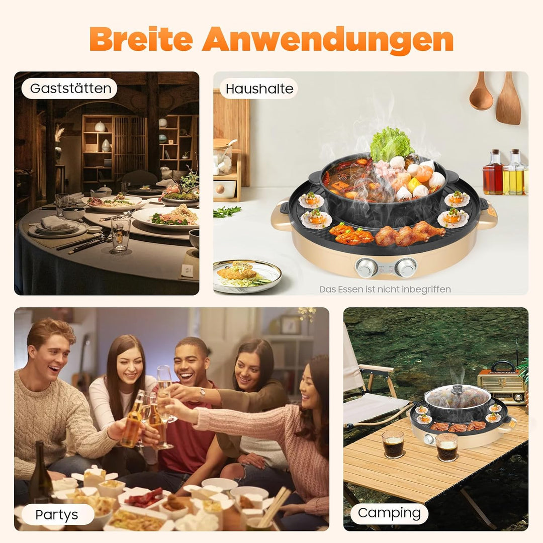 2200W Hot Pot Elektrisch mit Grillplatte, 2-in-1 Design für Fondue und BBQ mit abnehmbarem Fondue To