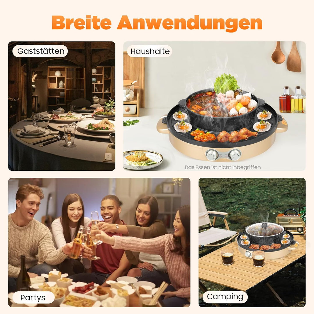 Elektrischer Hot Pot mit Grill 2200W 2-in-1 Elektrogrill mit abnehmbarem Mandarinentopf & Antihaft-B