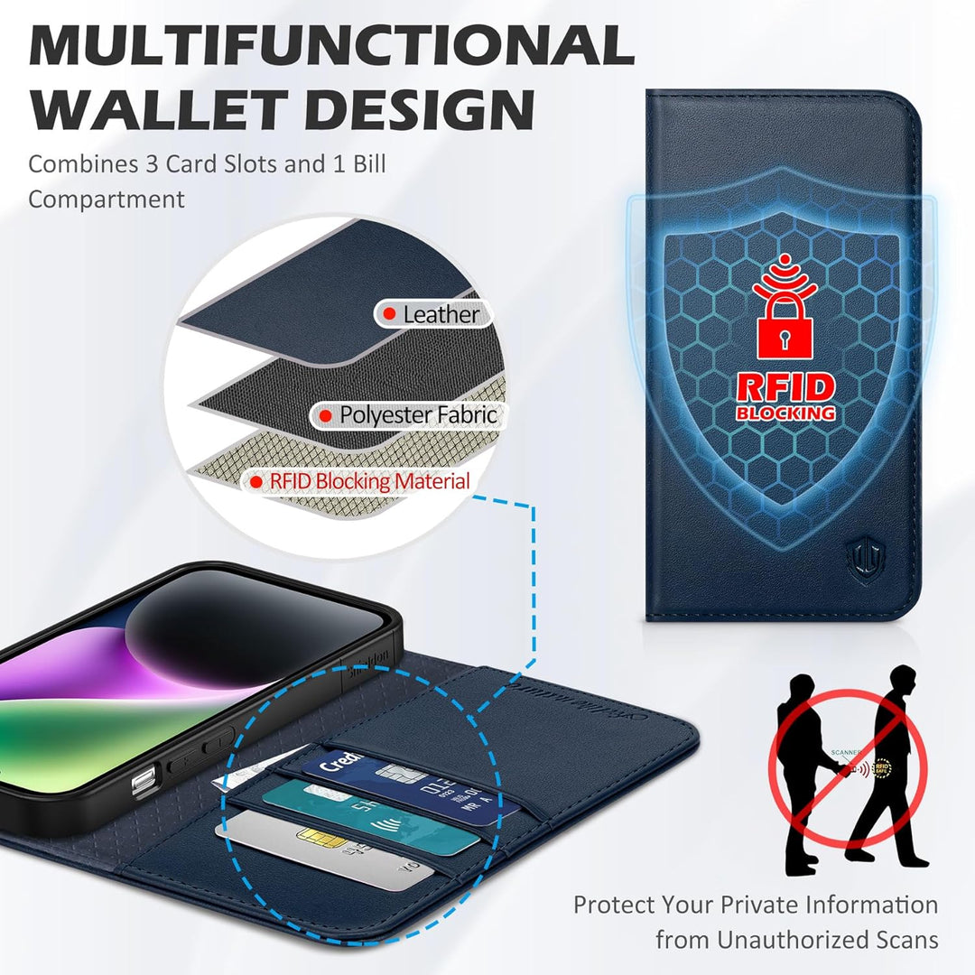 SHIELDON Hülle für iPhone 14 5G, Stossfeste Schuzhülle [Echtleder] [Kartenfach] [Verdicht TPU], Magn