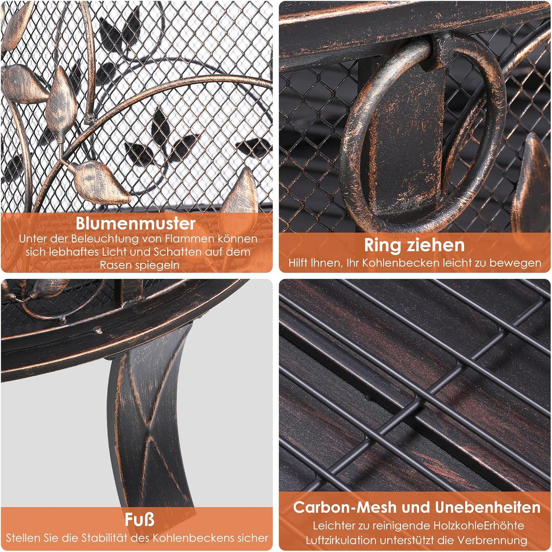 Feuerschale, Feuerschale Garten, Feuerkorb mit Funkenschutz, Feuerstelle Retro-Look, inkl. Poker & K
