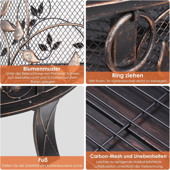 Feuerschale, Feuerschale Garten, Feuerkorb mit Funkenschutz, Feuerstelle Retro-Look, inkl. Poker & K