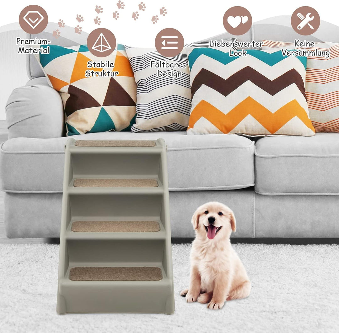 GOPLUS Hundetreppe mit 4 Stufen, Tragbare Tiertreppe aus Kunststoff, Klappbare Treppe für Haustiere,