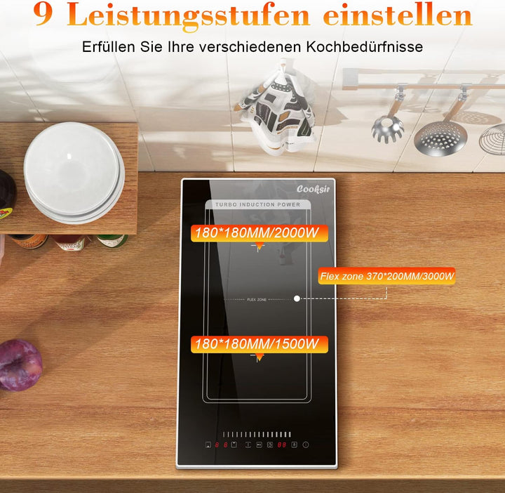 Induktionskochfeld 2 Platten mit Stecker Einbau 30CM, Herdplatte 2 Kochfelder mit Rahmen, 3500W, Kom