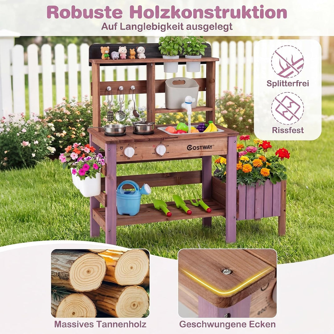 COSTWAY Matschküche Kinder Outdoor, Spielküche mit Wassertank &amp; Wasserhahn | Kinderküche mit Pflanzk
