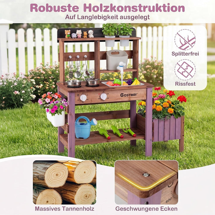COSTWAY Matschküche Kinder Outdoor, Spielküche mit Wassertank &amp; Wasserhahn | Kinderküche mit Pflanzk