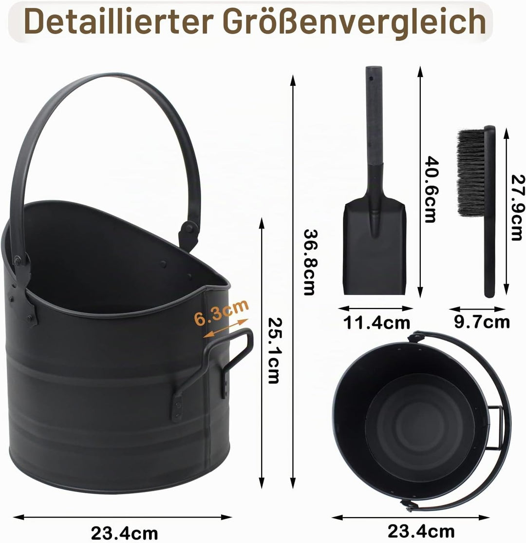 BRIAN &amp; DANY Ascheeimer, Halbkreisförmiger Kohleeimer für Kamine, 10L Eimer mit Schaufel und Handbes