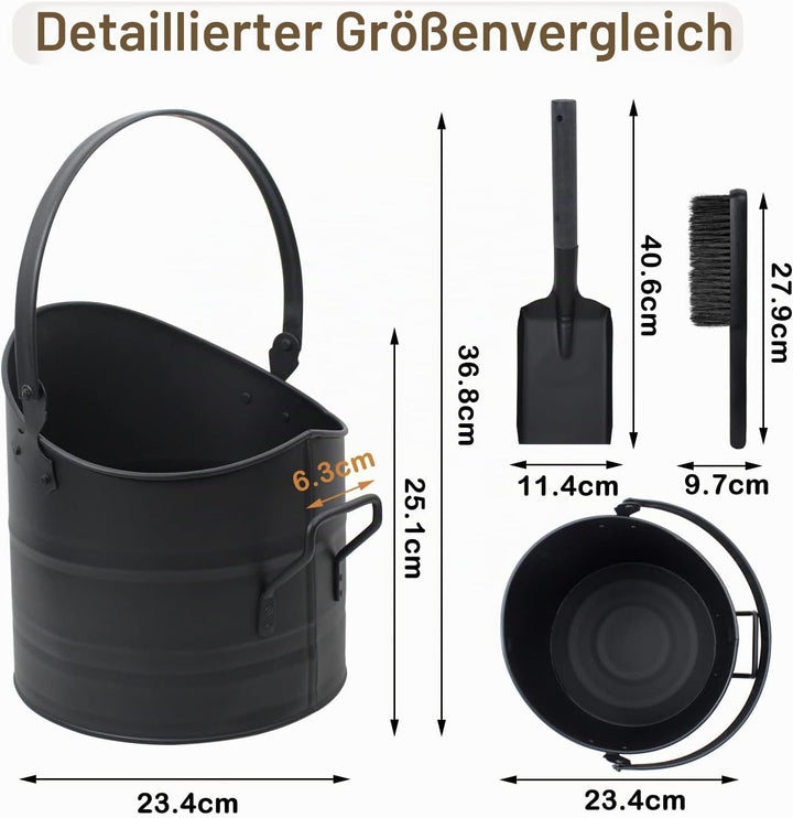 BRIAN &amp; DANY Ascheeimer, Halbkreisförmiger Kohleeimer für Kamine, 10L Eimer mit Schaufel und Handbes