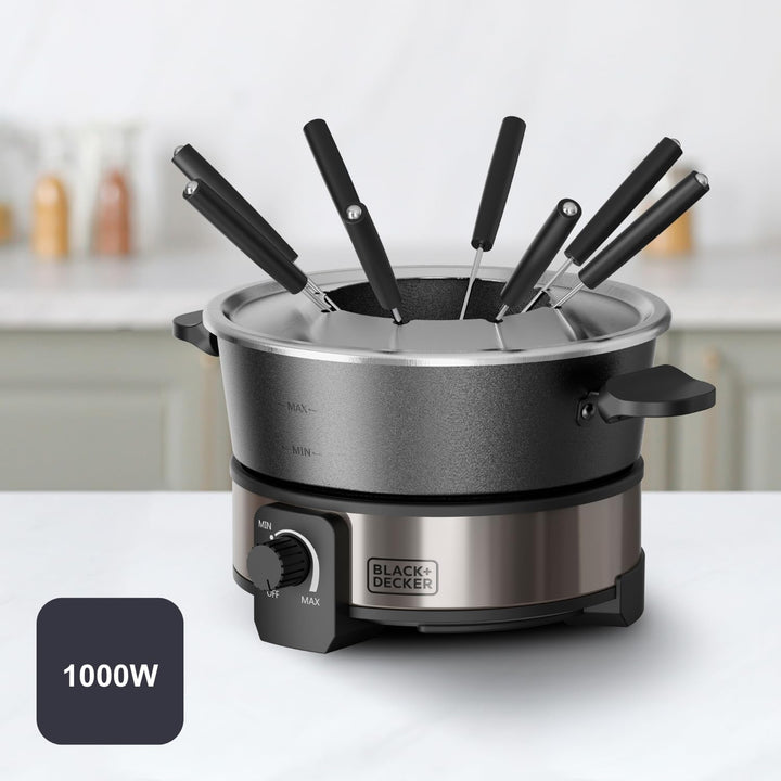 Black+Decker - Elektrisches Fondueset BXFC1000E | 1000W | Thermostat bis 200°C | 2L Fassungsvermögen