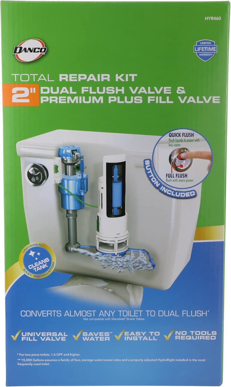 Danco HYR460 Hydroright HyrdroRight Universal Water-Saving Toilet Repair Kit with Dual Flush Valve,