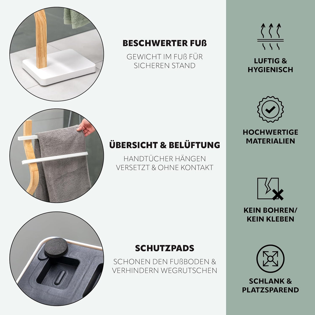 eluno Stand-Handtuchhalter freistehend, 2 Stangen für Handtücher, moderner Handtuchständer aus FSC-z