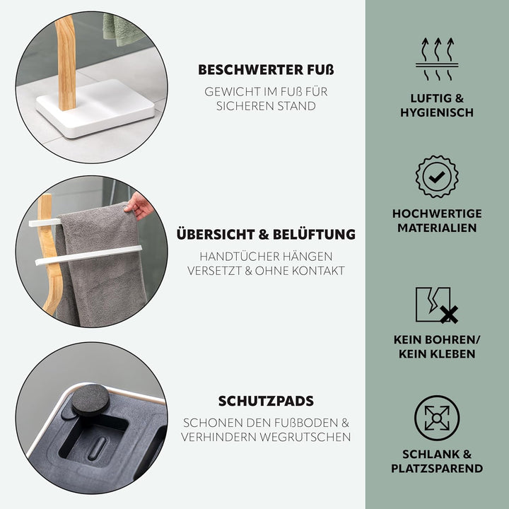 eluno Stand-Handtuchhalter freistehend, 2 Stangen für Handtücher, moderner Handtuchständer aus FSC-z