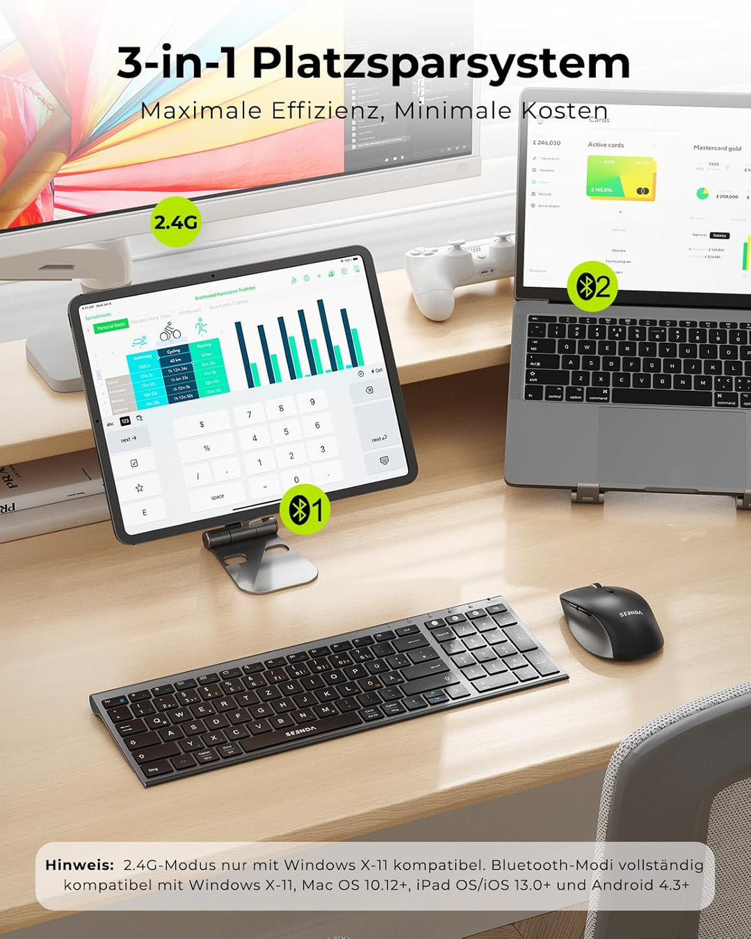 Bluetooth Tastatur mit Maus, SEENDA COE401 Kabelloses Tastatur Maus Set für Windows/Mac/iPad/Android