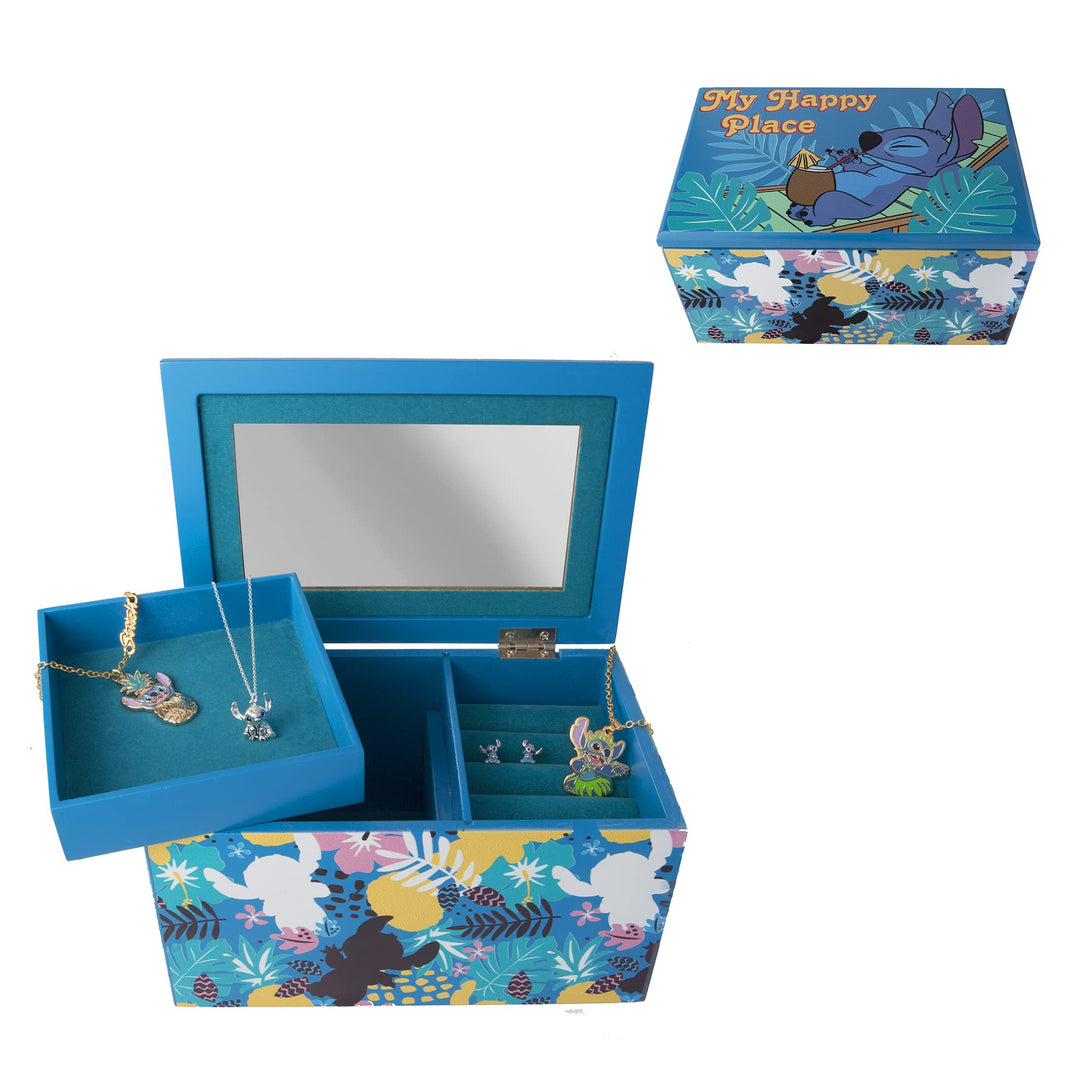 Disney Lilo and Stitch "My Happy Place" Silk Screen Print Blue Jewelry Box Jewelry Organizer, Offici
