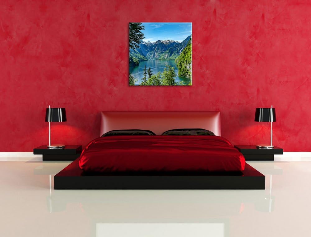 Blick auf den Königssee, Format: 70x70 auf Leinwand, XXL riesige Bilder fertig gerahmt mit Keilrahme