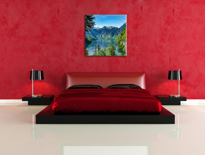Blick auf den Königssee, Format: 70x70 auf Leinwand, XXL riesige Bilder fertig gerahmt mit Keilrahme