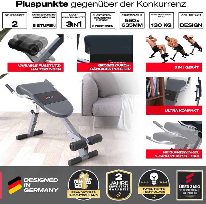 Sportstech einzigartiger 3in1 Rücken- & Bauchtrainer, Schrägbank Hantelbank klappbar, Multifunktion