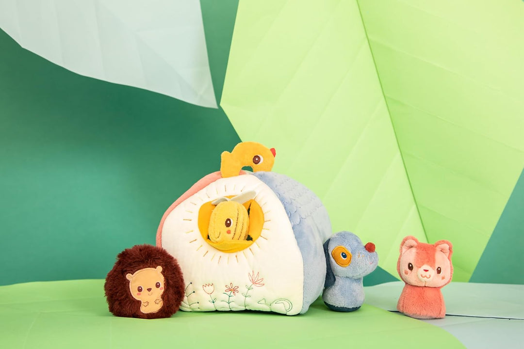 Lilliputiens - Stoff-Aktivitätshaus mit 4 Zubehörteilen für Babys - Lernspielzeug mit 4 Rasseln - 4