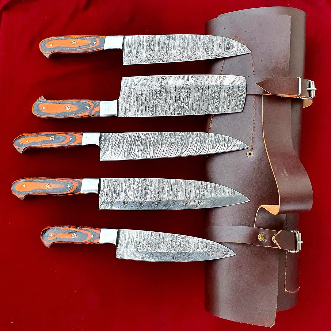 Damast Stahl Chef Set| Küchenmesser Set Camping Grill Besteck Geschenkset mit Ledermesserrolle | Koc