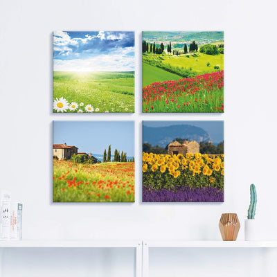 ARTLAND Leinwandbilder auf Holz Wandbild Bild Set 4 teilig je 40x40 cm Quadratisch Landschaft Blumen