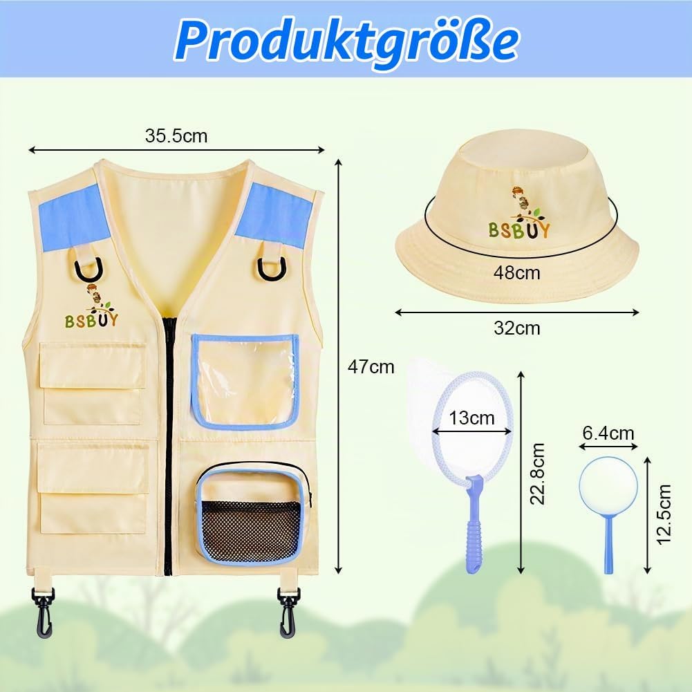 Forscherset für Kinder 4Pcs Exploration Spielzeug mit Frachtweste Hut Insektennetz und Lupe Outdoor