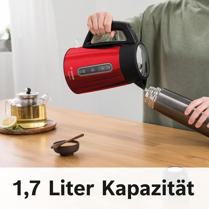 Bosch kabelloser Wasserkocher DesignLine TWK4P434, Ausgiessen ohne Spritzer, Tassenanzeige, Wasserst