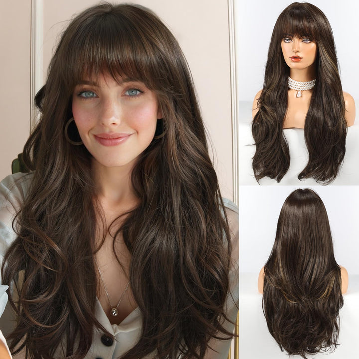 HAIRCUBE Lange braune Perücke mit Pony, geschichtete lockige Perücken für Frauen, natürliche synthet