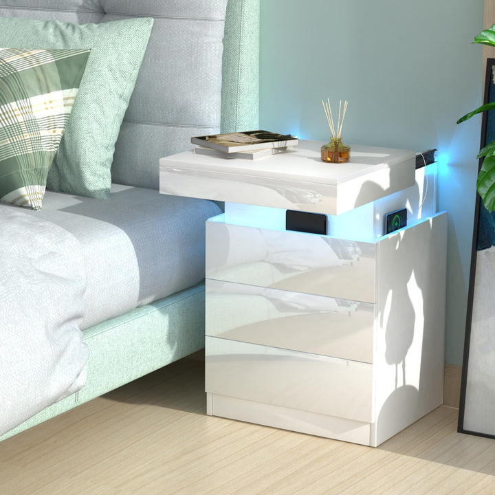 Nachttisch mit Steckdose, Nachtschrank mit Led Licht, Nachtkommode mit 3 Schubladen und Versteckte S