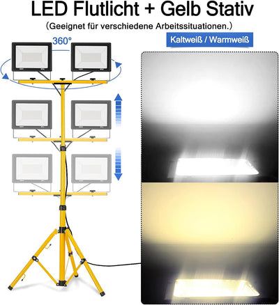 UISEBRT LED Baustrahler 2 * 100W Kaltweiss mit Stativ Baustellen Strahler inkl. Netzkabel LED Fluter