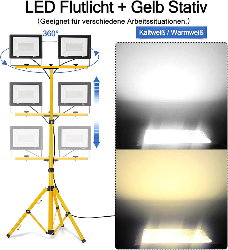 UISEBRT LED Baustrahler 2 * 200W Kaltweiss mit Stativ Baustellen Strahler inkl. Netzkabel LED Fluter