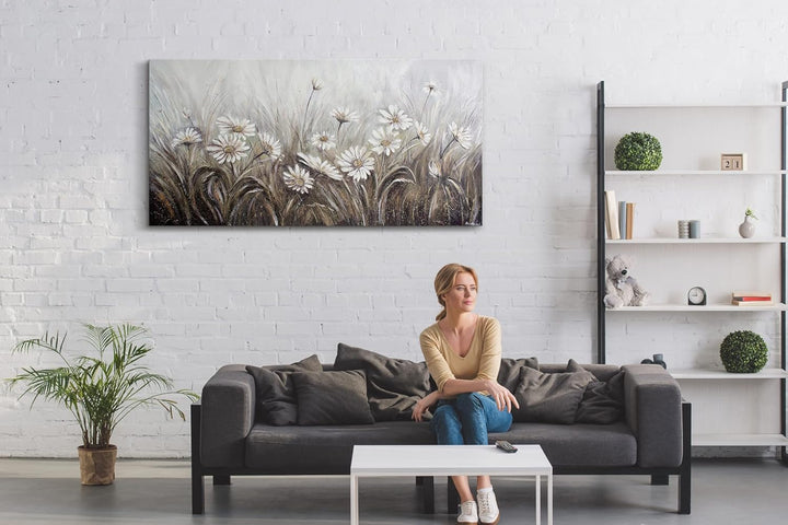 YS-Art Abstrakt Stil Acryl Gemälde auf Leinwand Gänseblümchen handgemalt Wandbilder Wohnzimmer moder