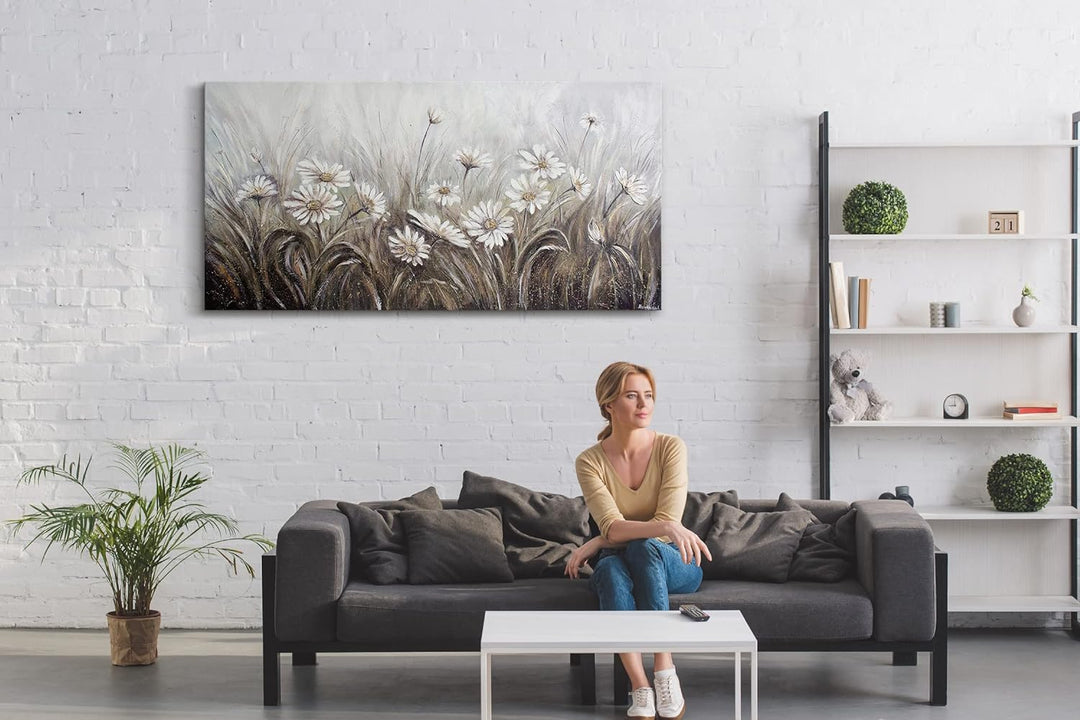 YS-Art Abstrakt Stil Acryl Gemälde auf Leinwand Gänseblümchen handgemalt Wandbilder Wohnzimmer moder