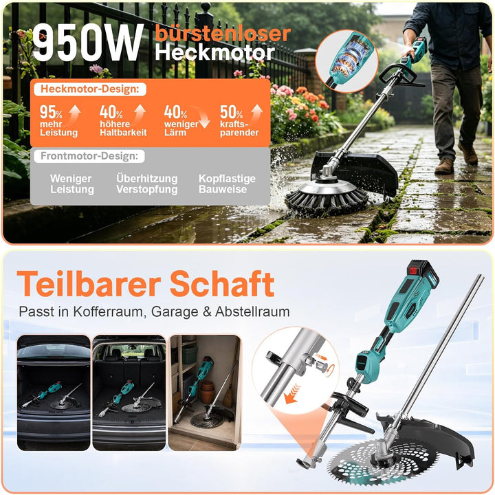 Rasentrimmer mit Akku, 4-in-1 Akku Rasentrimmer für Makita-Akkus, 950W Bürstenloser Motorsense mit 1