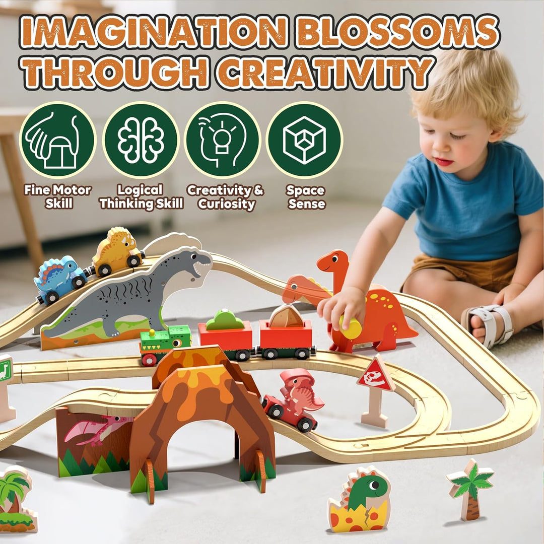 Lehoo Castle Holzeisenbahn, Holz Eisenbahn Kinder, Dinosaurier Spielzeug Holzeisenbahn Schienen, Din
