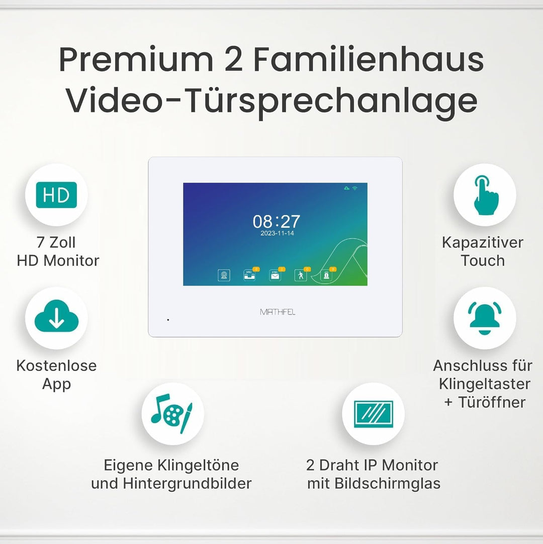 MATHFEL 2 Draht Bus WLAN 2 Familienhaus Video Türsprechanlage Gegensprechanlage Fischaugenkamera 170