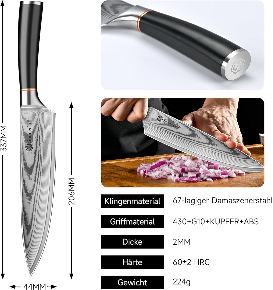 Sunnecko Damastmesser 20cm, Küchenmesser mit Scharfes Messer - Hochwertiges Damast Kochmesser für Pr
