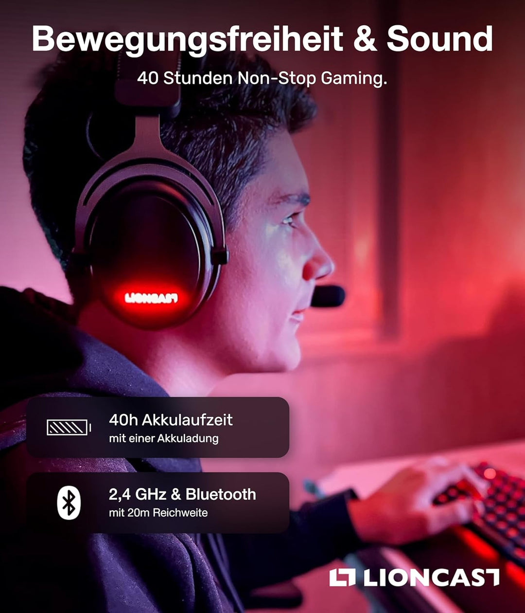 Lioncast® LX80 Gaming Headset mit Mikrofon Wireless [80Std. Akku] - PS5 - Xbox One - Gaming Headset