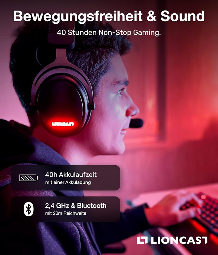 Lioncast® LX80 Gaming Headset mit Mikrofon Wireless [80Std. Akku] - PS5 - Xbox One - Gaming Headset