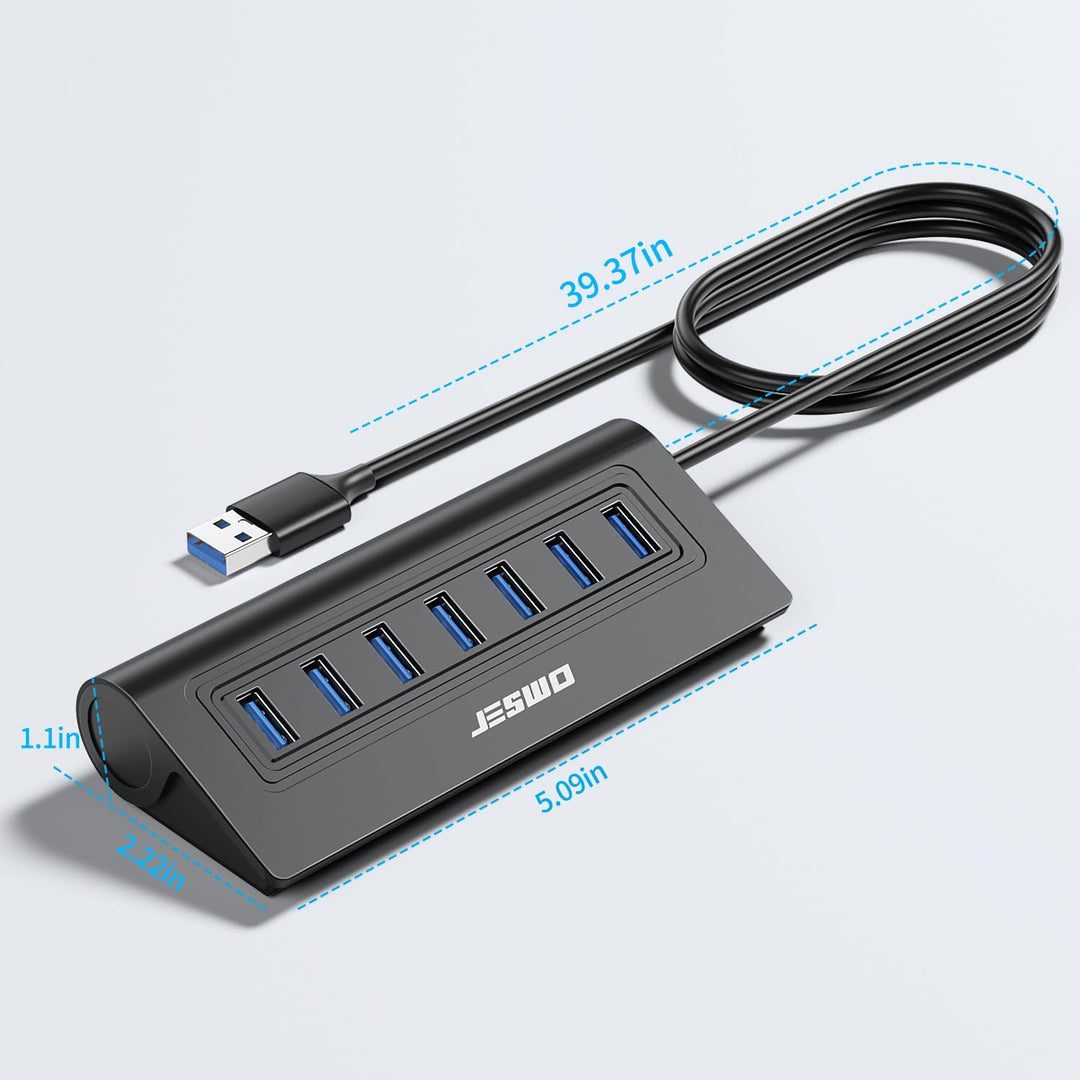 USB HUB mit Netzteil, JESWO 7-Port USB 3.0 Hub, Aluminium USB Verteiler Datenhub mit 100cm Kabel, US