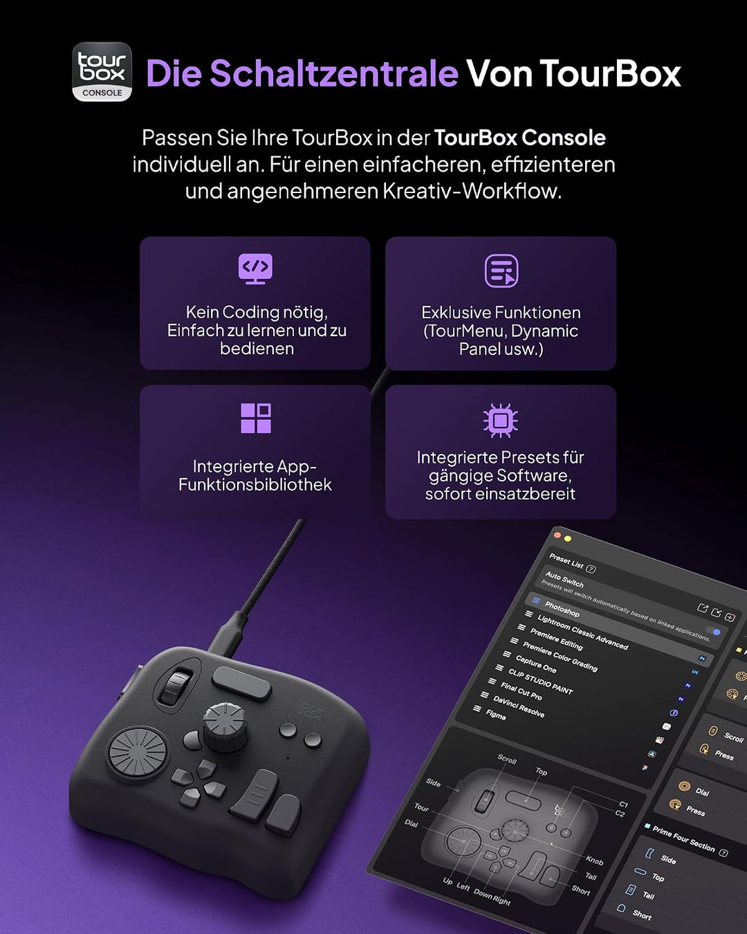TourBox NEO, Editing Controller für Foto- & Videobearbeitung, Ilustration, Videoschnitt Tastatur, Ma