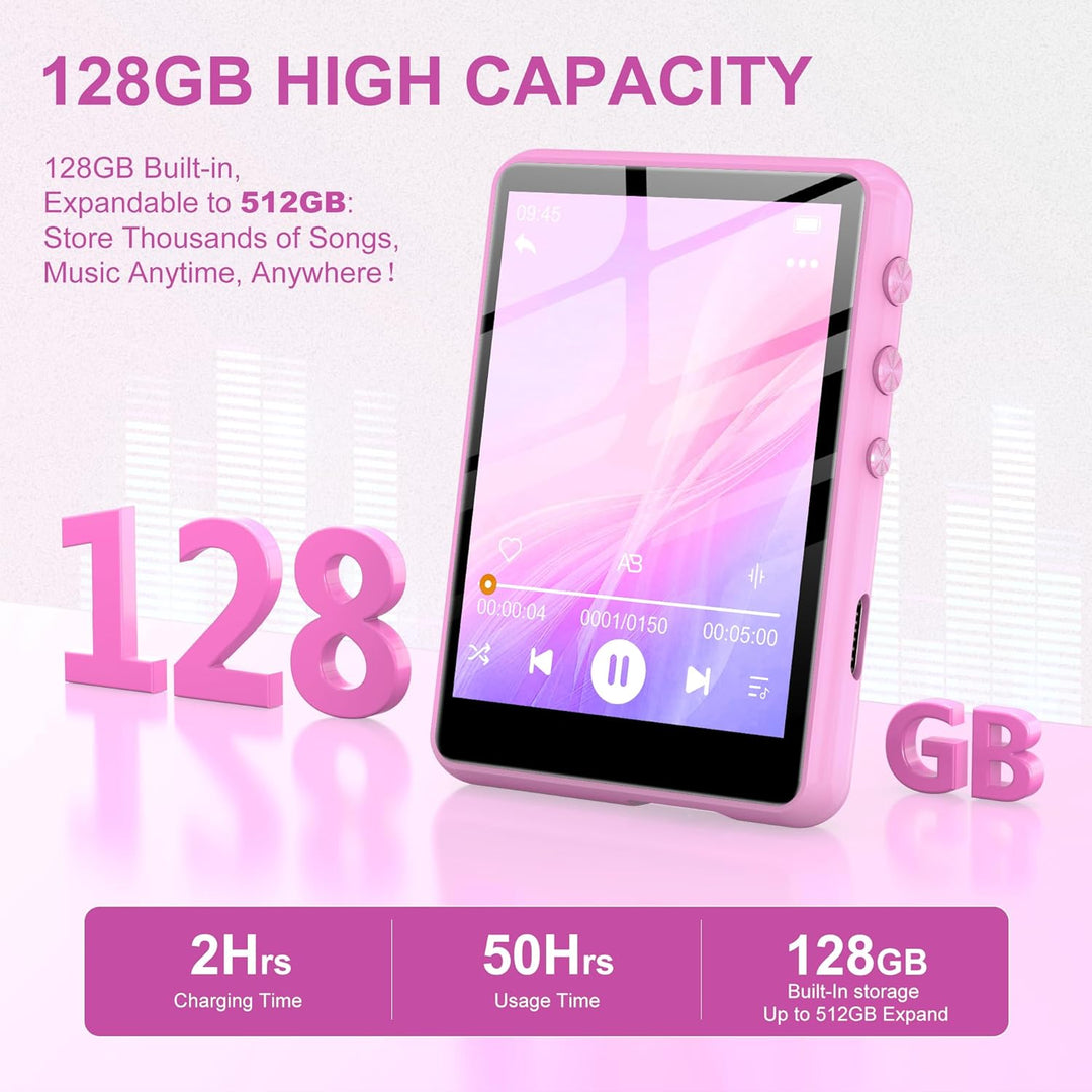 SWOFY 128GB MP3-Player mit Bluetooth 5.3-2,4-Zoll Touchscreen, HiFi-Klang, integrierter Lautsprecher