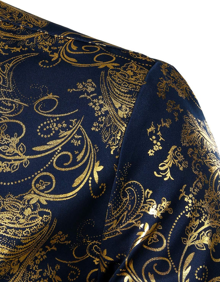PARKLEES Herren Luxus Paisley Gemustert Golden Glänzend Slim Fit Freizeithemd M Navy Golden, M Navy