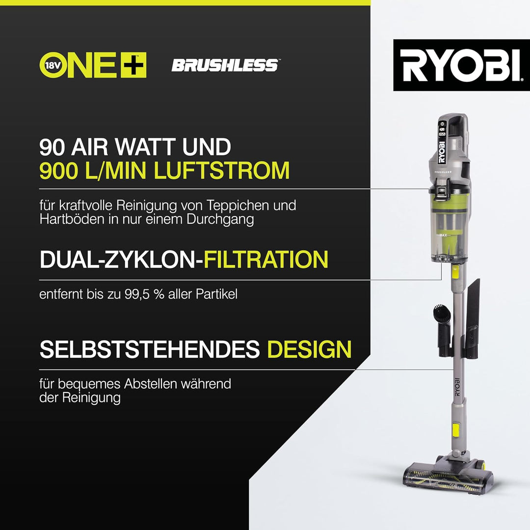 RYOBI 18 V ONE+ Brushless Akku-Staubsauger RSVS18BL-0, 90 AW Saugleistung, bürstenloser Motor, ohne