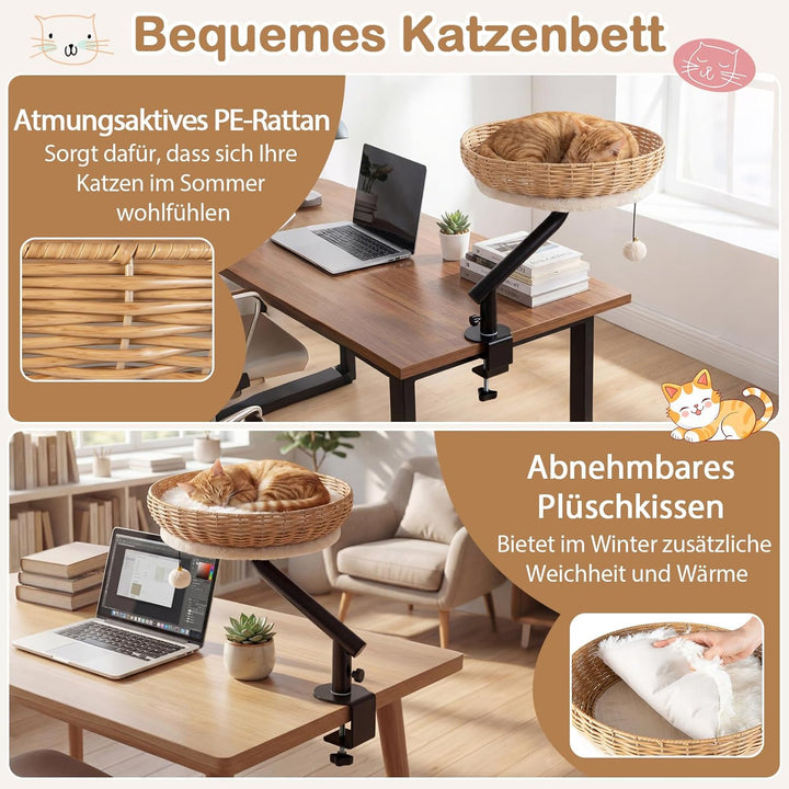 COSTWAY Katzenbett für Schreibtisch, Katzenkorb aus PE-Rattan, 360° drehbar, Katzen Schreibtischbett