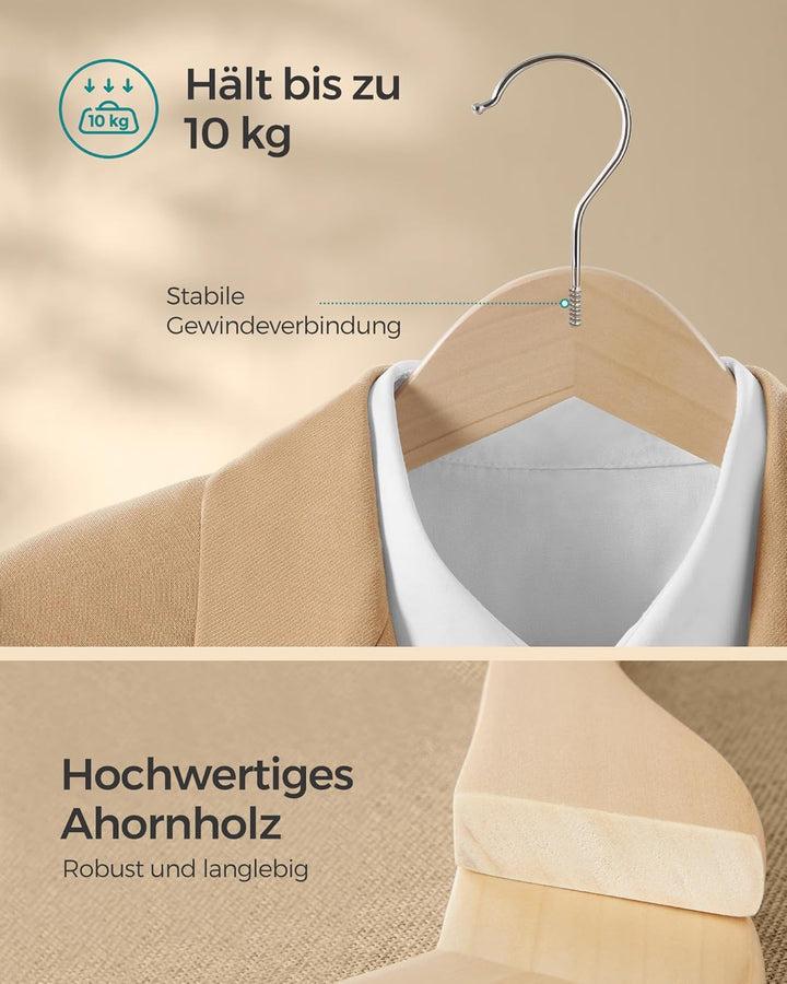 SONGMICS Kleiderbügel Holz, 48er Set Bügel, Holzbügel, Einkerbungen im Schulterbereich, Hosensteg, H