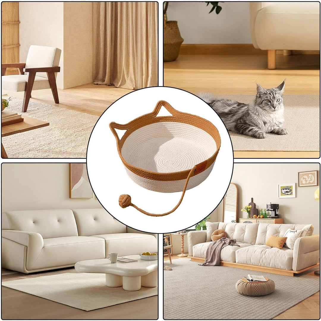 Katzenbett mit Seilball, 46x46x16 cm Rundes Katzenkorb aus Baumwollseilen, Atmungsaktiv Waschbar Dri