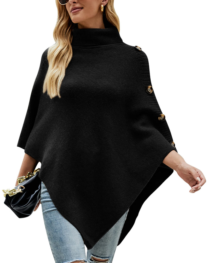 KOOSUFA Damen Strickponcho Rollkragen Gestrickter Poncho mit Dekorativen Knöpfen Strick Pullover Pon